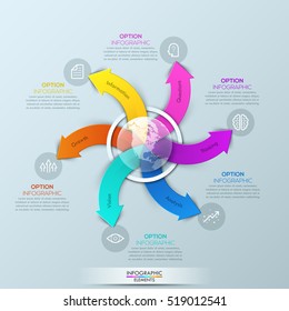 Infographic design template with globe and 6 spiral multicolored arrows pointing at text boxes. Flower petal diagram. Options of global business process. Vector illustration for website, report, ad.