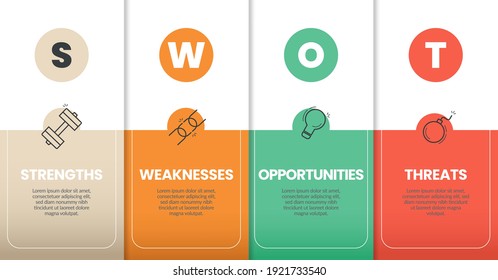 Infographic design template has four elements with linear icons and editable text in SWOT Analysis concept for data analytic business plan. This presentation layout is shown in colorful paper style. 