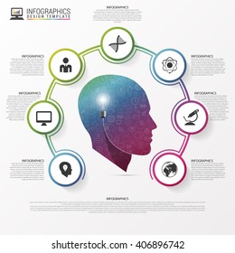 Infographic design template. Head with icons. Vector illustration.  Can be used for diagram, banner, number options, workflow layout, step up options or web design.