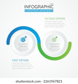 Plantilla de diseño infográfico con iconos y 2 opciones o pasos para banner de presentaciones, diseño de flujo de trabajo, diagrama de procesos, diagrama de flujo, gráfico de información. Infografía vectorial para el concepto de línea de tiempo de negocios.