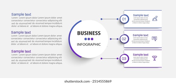 Modelo de design de infográfico com ícones e 3 opções ou etapas. Pode ser usado para diagrama de processo, apresentações, layout de fluxo de trabalho, banner, fluxograma, gráfico de informações