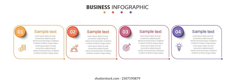Infografik-Design-Vorlage mit Symbolen und 4 Optionen oder Schritte. Kann für Prozessdiagramme, Präsentationen, Workflow-Layout, Flussdiagramme, Infografiken verwendet werden