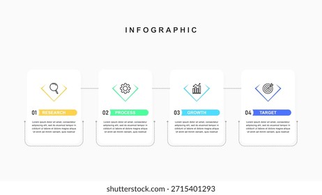 Infográfico modelo de projeto com ícones e 4 opções de negócios simples Adequado para diagramas de processo, apresentações, layout de fluxo de trabalho, vetor, ilustração.