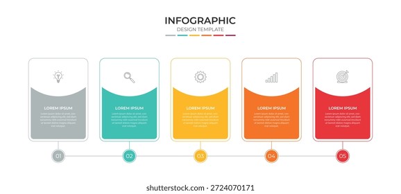Modelo de design de infográfico com ícones e 5 opções ou etapas. Pode ser usado para diagrama de processo, apresentações, layout de fluxo de trabalho, banner, fluxograma, gráfico de informações