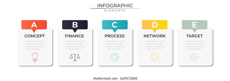 Infographic design template with icons and five realistic rectangle elements. Vector for company and corporate business project and presentation. Eps 10