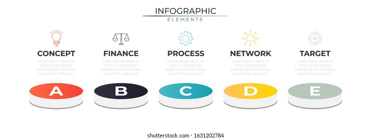 Infographic design template with icons and five 3D circle elements. Vector for company and corporate business project and presentation. Eps 10
