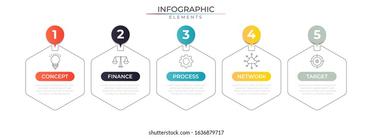 Infographic design template with icons and five polygon elements. Vector for company and corporate business project and presentation. Eps 10