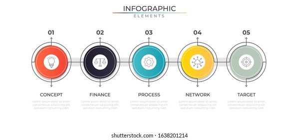 Infographic design template with icons and five options progress. Data process visualization. Vector for company and corporate business project and presentation. Eps 10