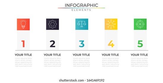 Infographic design template with icons and five timeline steps. Data process visualization. Vector for company and corporate business project and presentation. Eps 10