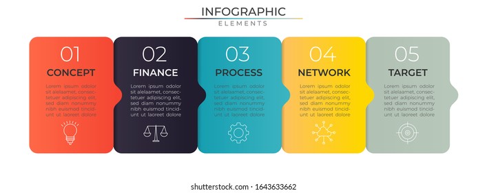 Infographic design template with icons and five colorful rectangle steps. Data process visualization. Vector for company and corporate business project and presentation. Eps 10