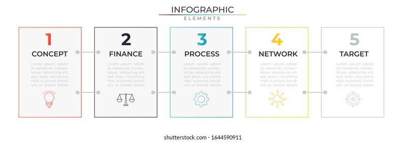 Plantilla de diseño gráfico con iconos y cinco planes de estrategia. Visualización de procesos de datos. Vector para el proyecto y presentación de empresas y empresas. Eps 10