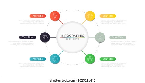 Infographic design template with icons and six connected circle. Vector for company or corporate business project and presentation. Eps 10