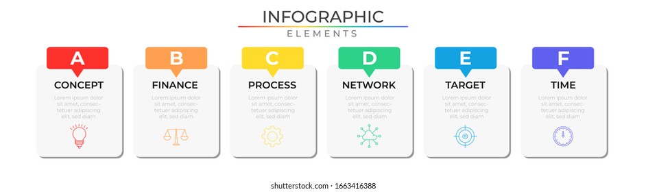 Infographic design template with icons and six realistic rectangle elements. Vector illustration for company and corporate business project and presentation. Eps 10