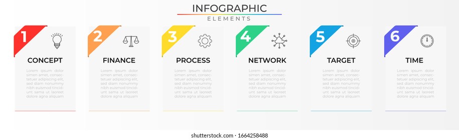Infographic design template with icons and six rectangle plan. Data process visualization. Vector illustration for company and corporate business project and presentation. Eps 10