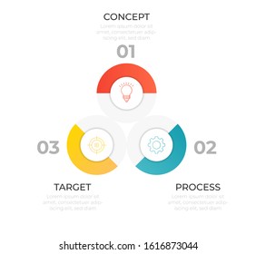 Infographic design template with icons and three connected circle options or steps. Modern vector for company and corporate business project and presentation.