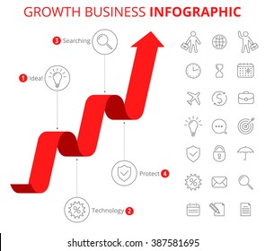 Infographic Design Template And Isolated Business Icon Set. Vector Flat Line Elements. Upward Red Graph Depict Process Of Increase Business. Illustration Of Growth Arrow