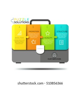 Infographic design template, jigsaw puzzle in shape of briefcase divided into 4 lettered pieces of different colors. Stages of audit process, business analysis concept. Vector illustration for report.
