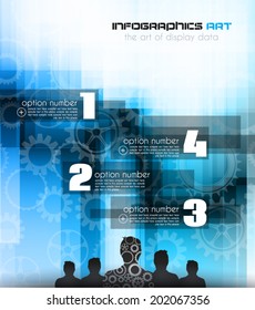 Infographic design template with man and gears. Idea to display information, ranking and statistics with orginal and modern style