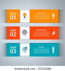Infographic design template with marketing icons set. Concept banner with 3 steps, parts, options. Can be used for business presentation, report, workflow layout, web design. Vector background