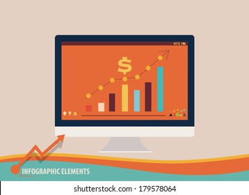Plantilla de diseño de infografía - computadora moderna con gráfico, ilustración vectorial