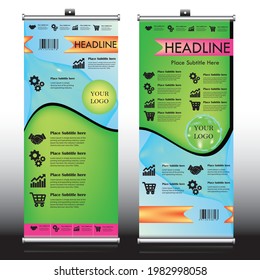 Infographic design template of modern Rollup banner design. Green blue natural and neutral colour mix  pull up banner template designs with two types of letter placement with super print CMYK colors.