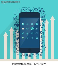 Plantilla de diseño de infografía - dispositivo moderno de pantalla táctil con icono de aplicación, ilustración vectorial