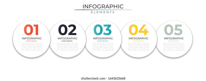 Plantilla de diseño gráfico con número y cinco pasos de círculo horizontal. Visualización de procesos de datos. Vector para el proyecto y presentación de empresas y empresas. Eps 10