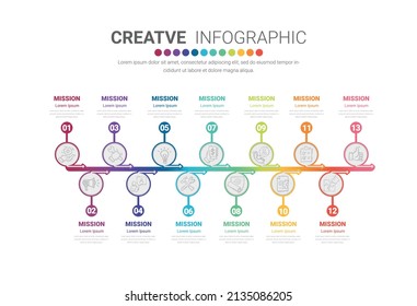 Plantilla de diseño infográfico con la opción números 13 para la línea de tiempo de presentación, pasos o procesos. Ilustración vectorial.