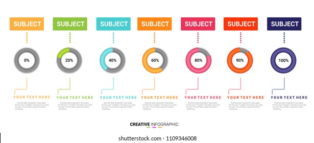 Infographic design template with numbers 7option for Presentation  circle percentage diagrams from 0 to 100 for web design, Timeline infographics, steps or processes. Vector illustration