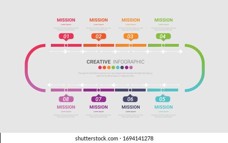 Infografik-Design-Vorlage mit der Option Zahlen 8 für Präsentationsinfographie, Timeline-Infografiken, Schritte oder Prozesse. Vektorillustration.