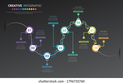 Plantilla de diseño infográfico con números 8 opción para la infografía Presentación, infografía de línea de tiempo, pasos o procesos. Ilustración vectorial.