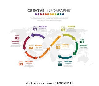 Infographic design template with numbers 8 option for Presentation Timeline, steps or processes. Vector illustration.
