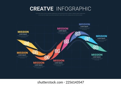 Plantilla de diseño infográfico con la opción números 8 para la línea de tiempo de presentación, pasos o procesos. Ilustración vectorial.