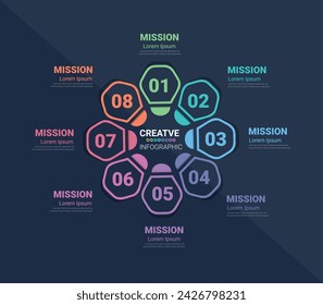Plantilla de diseño de infografía con opción número 8 para la línea de tiempo de presentación, pasos o procesos. Ilustración vectorial.