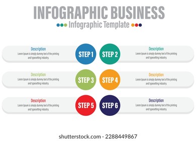  Infografik-Design-Vorlage mit Zahlen 6 Schritte, 6 Optionen für Präsentationsinfographie, Infografiken der Zeitachse, Schritte oder Prozesse. Vektorgrafik.