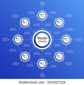 Infographic design template on blue backgraund, can be used for workflow layout, diagram, number options, web design. Infographic business concept with 8 options, parts, steps. Vector eps 10