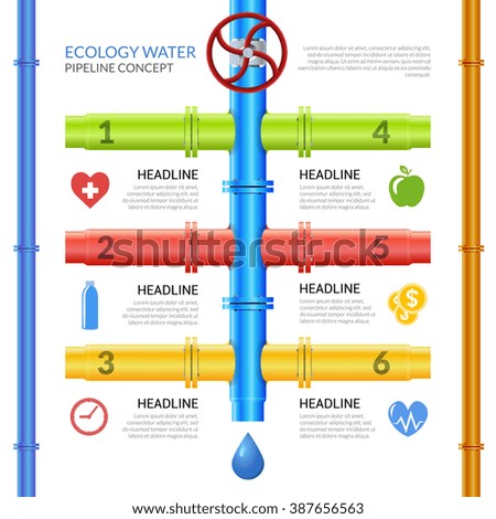Infographic design template on theme ecology water pipeline with pipes valve and technological information vector illustration 