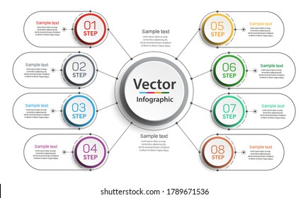 Plantilla de diseño infográfico con opciones y 8 pasos. Para contenido, diagrama, diagrama de flujo, pasos, piezas, infografía de línea de tiempo, diseño de flujo de trabajo, gráfico. Vector eps 10