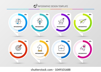 Infographic design template. Organization chart with 8 steps. Percentage diagrams. Vector illustration