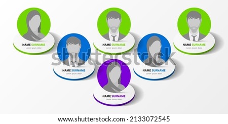 Infographic design template. Organization chart with 6 people. Can be used for workflow layout, diagram, banner, webdesign. Vector illustration