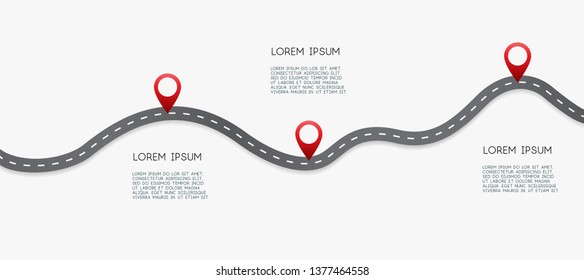 Infographic design template with place for your text. Asphalt road with three pin on it. Vector illustration.