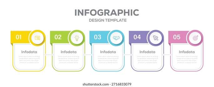 Plantilla de diseño infográfico con lugar para sus datos. Diseño de Plantilla rectangular con iconos y 5 opciones o pasos.