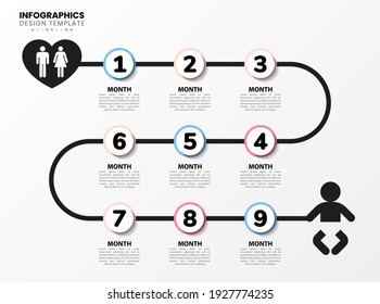 Infographic design template. Pregnancy concept with 9 steps. Can be used for workflow layout, diagram, banner, webdesign. Vector illustration.