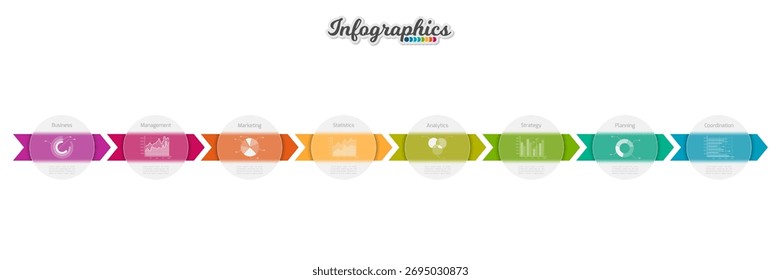 Plantilla de diseño infográfico. Barra de progreso con 8 Elementos translúcidos. La ilustración de la infografía del Vector se puede utilizar para el gráfico, el diagrama, el Diseño web, la presentación, la disposición del flujo de trabajo