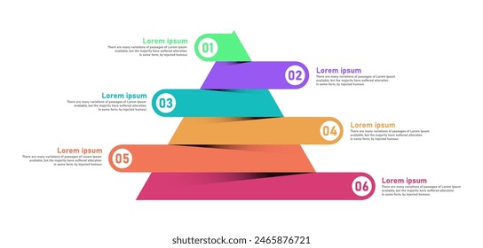 Plantilla de Diseño Infográfico. Concepto de infografía piramidal con 6 niveles. Para su presentación empresarial, Anuncio, diagrama de flujo y diagrama de procesos. Ilustración vectorial.