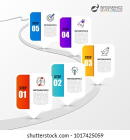 Infographic design template with a road and five marked spots. Vector illustration