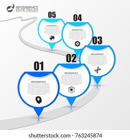 Infographic design template with a road and five marked spots. Vector illustration