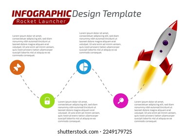Infographic Design Template Rocket Launcher Suitable For Marketing Presentation. Goals Business Booster. Rocket Infographic Vector