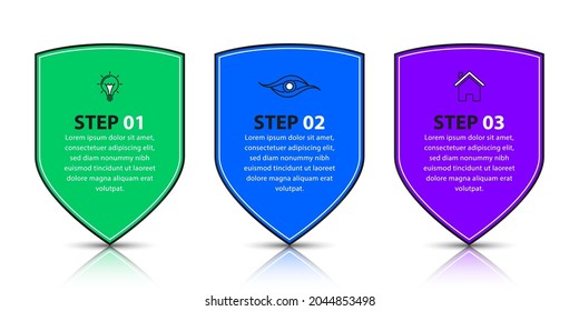 Infographic design template with security shield. Creative concept with 3 steps. Can be used for workflow layout, diagram, banner, webdesign. Vector illustration