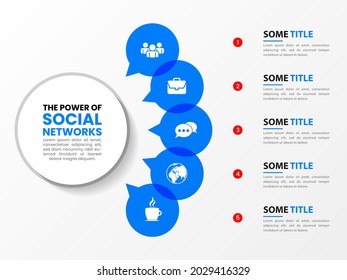 Plantilla de diseño infográfico. Concepto de medios sociales con 5 pasos. Se puede utilizar para diseño de flujo de trabajo, diagrama, banner, diseño web. Ilustración del vector